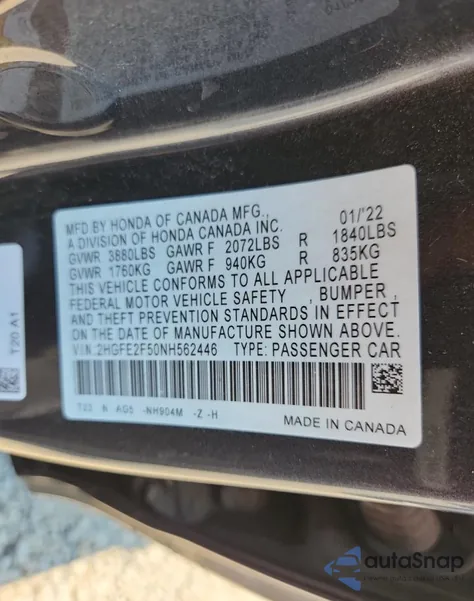 2022 Honda Civic Sport z USA, uszkodzony, nr VIN 2HGFE2F50NH562446